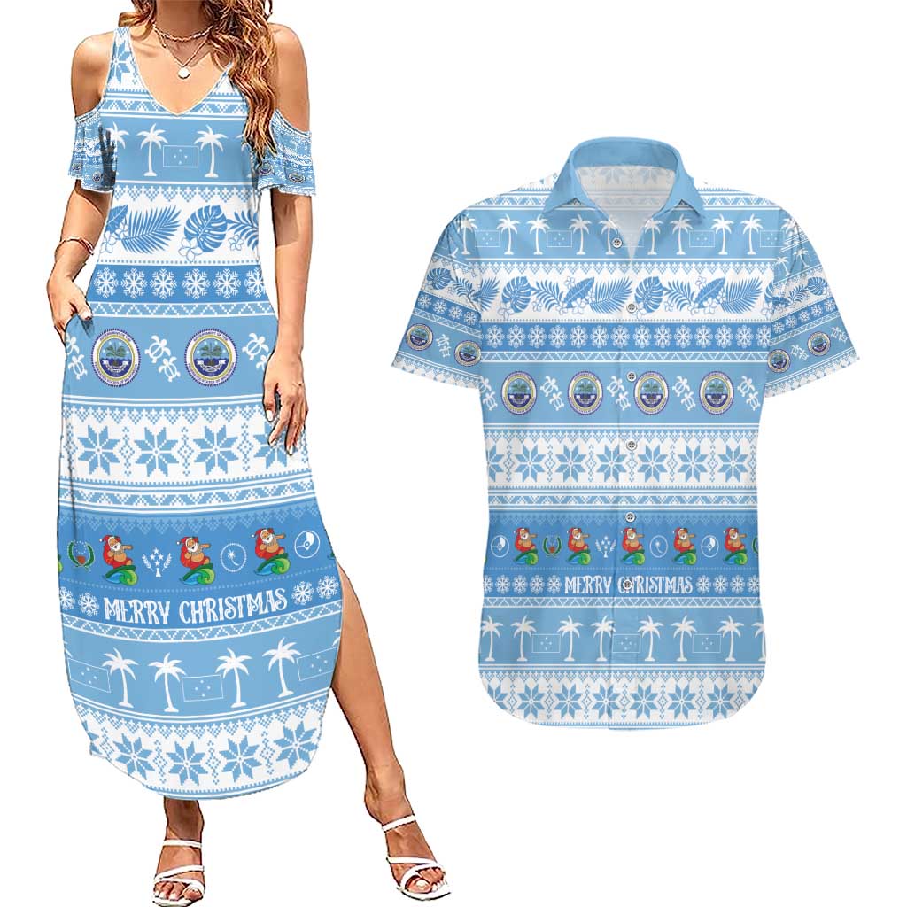 FSM Christmas Couples Matching Summer Maxi Dress and Hawaiian Shirt Merry Xmas Federated States of Micronesia LT14 Blue - Polynesian Pride