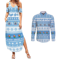 FSM Christmas Couples Matching Summer Maxi Dress and Long Sleeve Button Shirt Merry Xmas Federated States of Micronesia LT14 Blue - Polynesian Pride