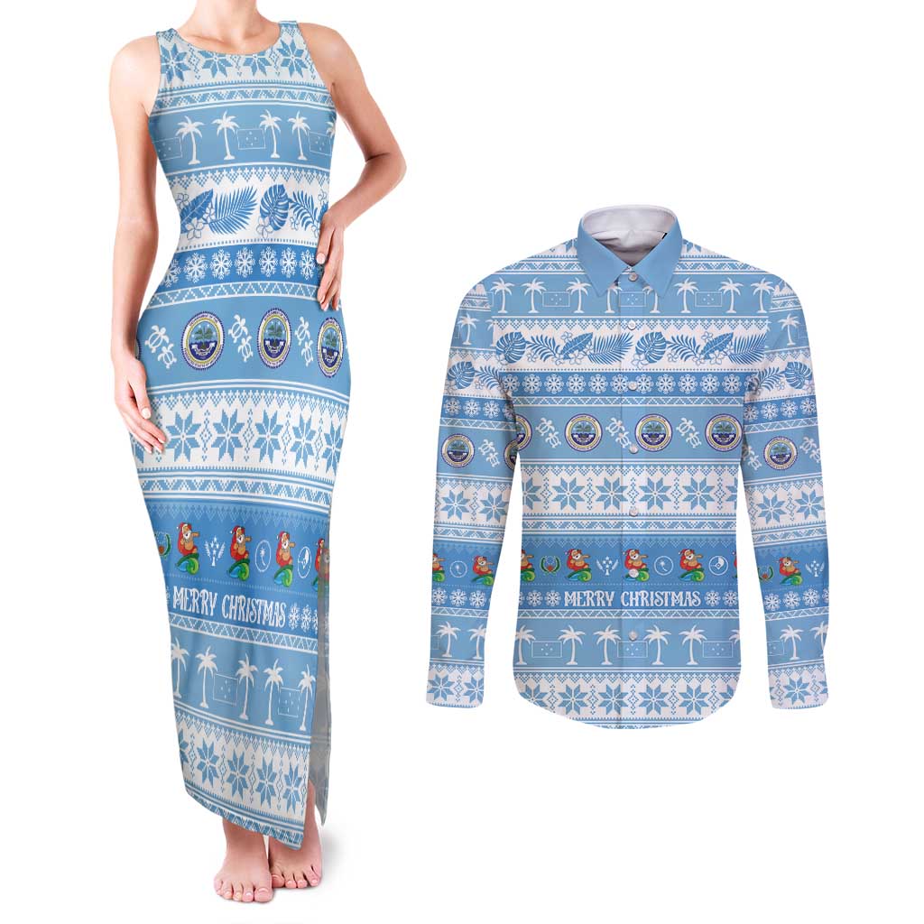 FSM Christmas Couples Matching Tank Maxi Dress and Long Sleeve Button Shirt Merry Xmas Federated States of Micronesia LT14 Blue - Polynesian Pride