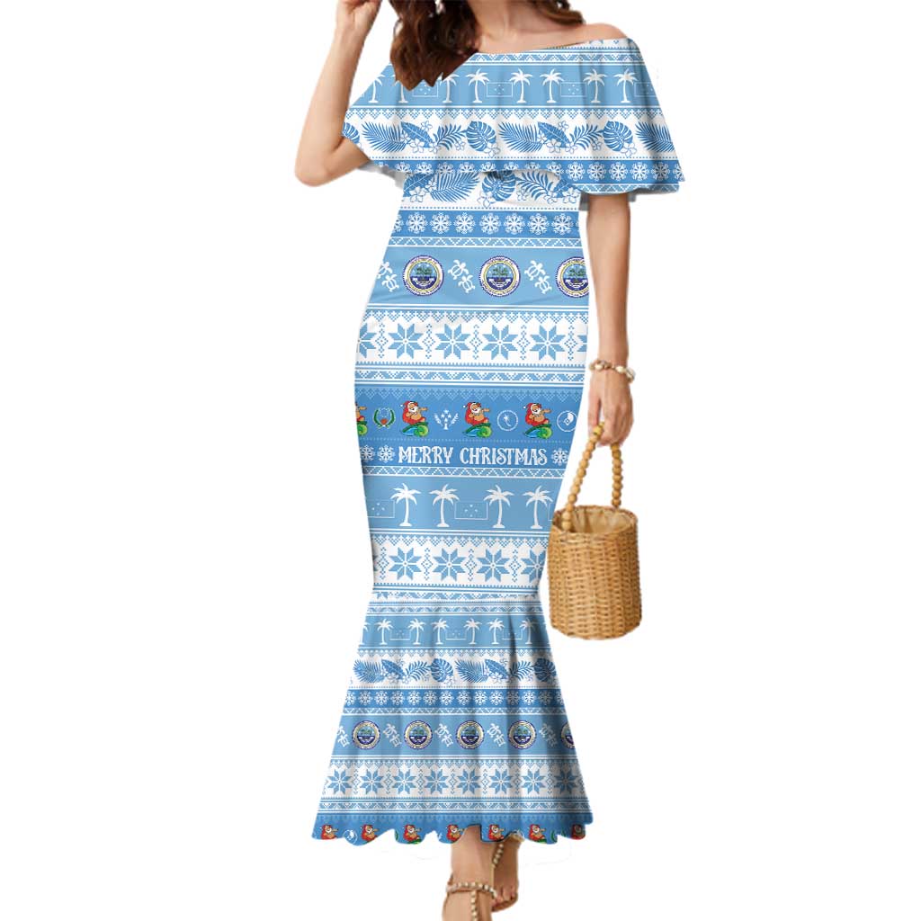 FSM Christmas Family Matching Mermaid Dress and Hawaiian Shirt Merry Xmas Federated States of Micronesia LT14 Mom's Dress Blue - Polynesian Pride