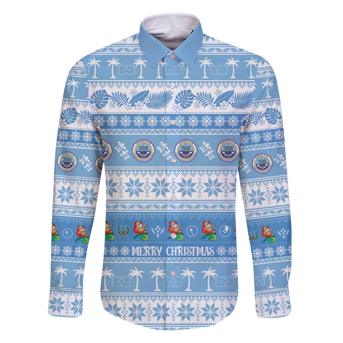 FSM Christmas Family Matching Off The Shoulder Long Sleeve Dress and Hawaiian Shirt Merry Xmas Federated States of Micronesia LT14 Dad's Shirt - Long Sleeve Blue - Polynesian Pride