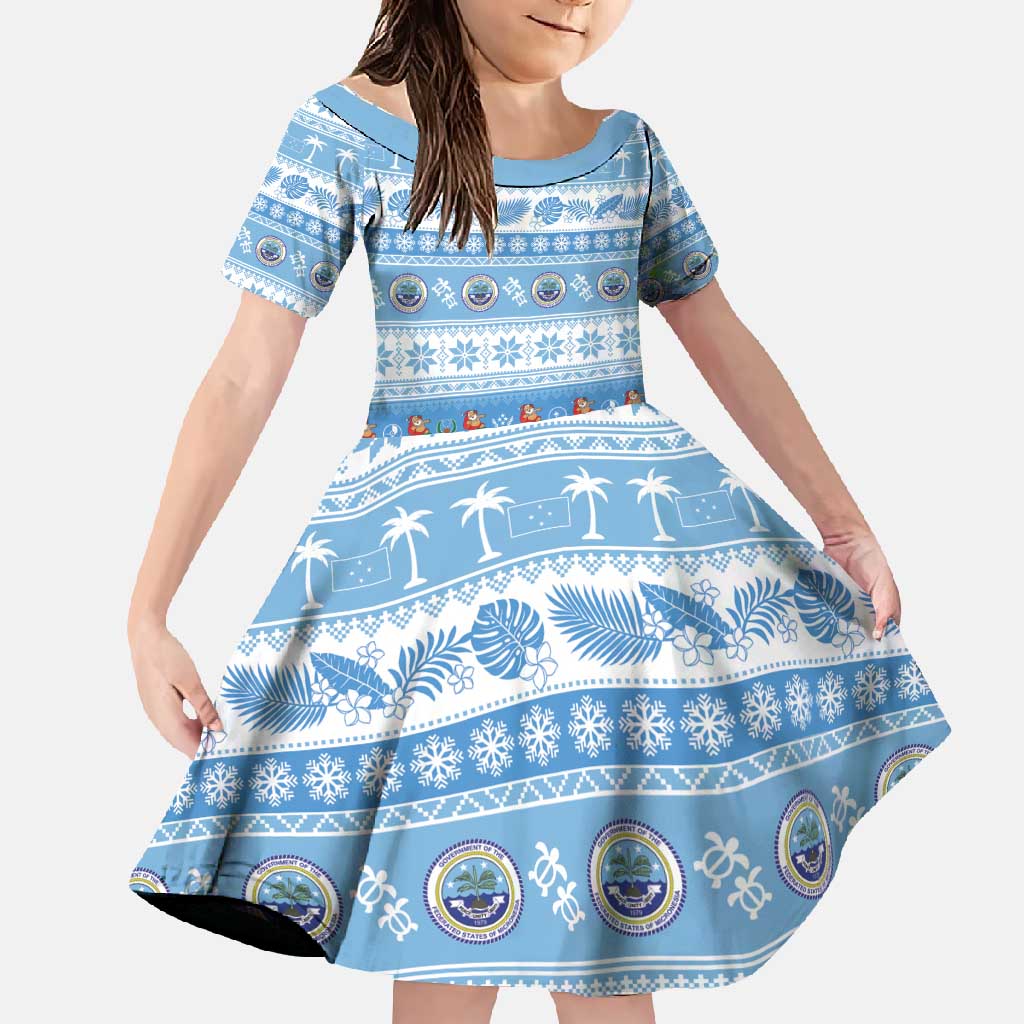 FSM Christmas Family Matching Off Shoulder Maxi Dress and Hawaiian Shirt Merry Xmas Federated States of Micronesia LT14 Daughter's Dress Blue - Polynesian Pride