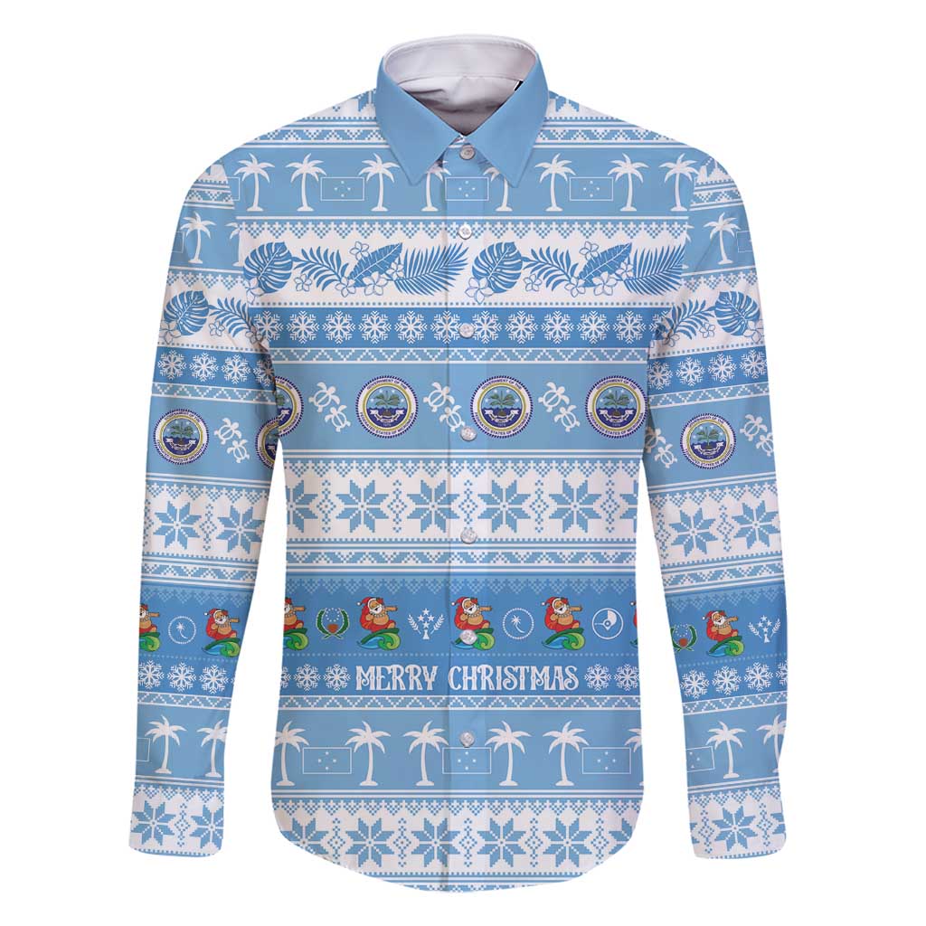 FSM Christmas Family Matching Off Shoulder Maxi Dress and Hawaiian Shirt Merry Xmas Federated States of Micronesia LT14 Dad's Shirt - Long Sleeve Blue - Polynesian Pride