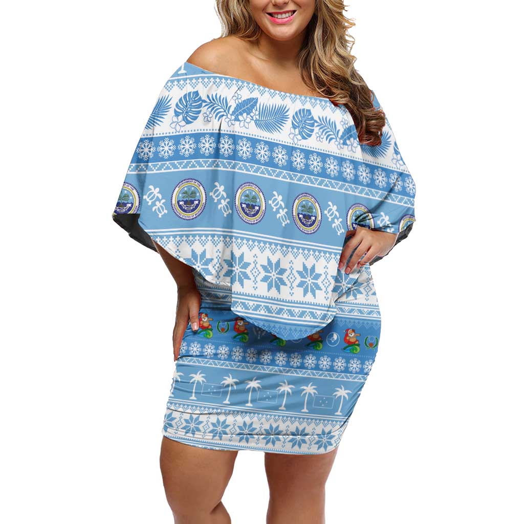 FSM Christmas Family Matching Off Shoulder Short Dress and Hawaiian Shirt Merry Xmas Federated States of Micronesia LT14 Mom's Dress Blue - Polynesian Pride