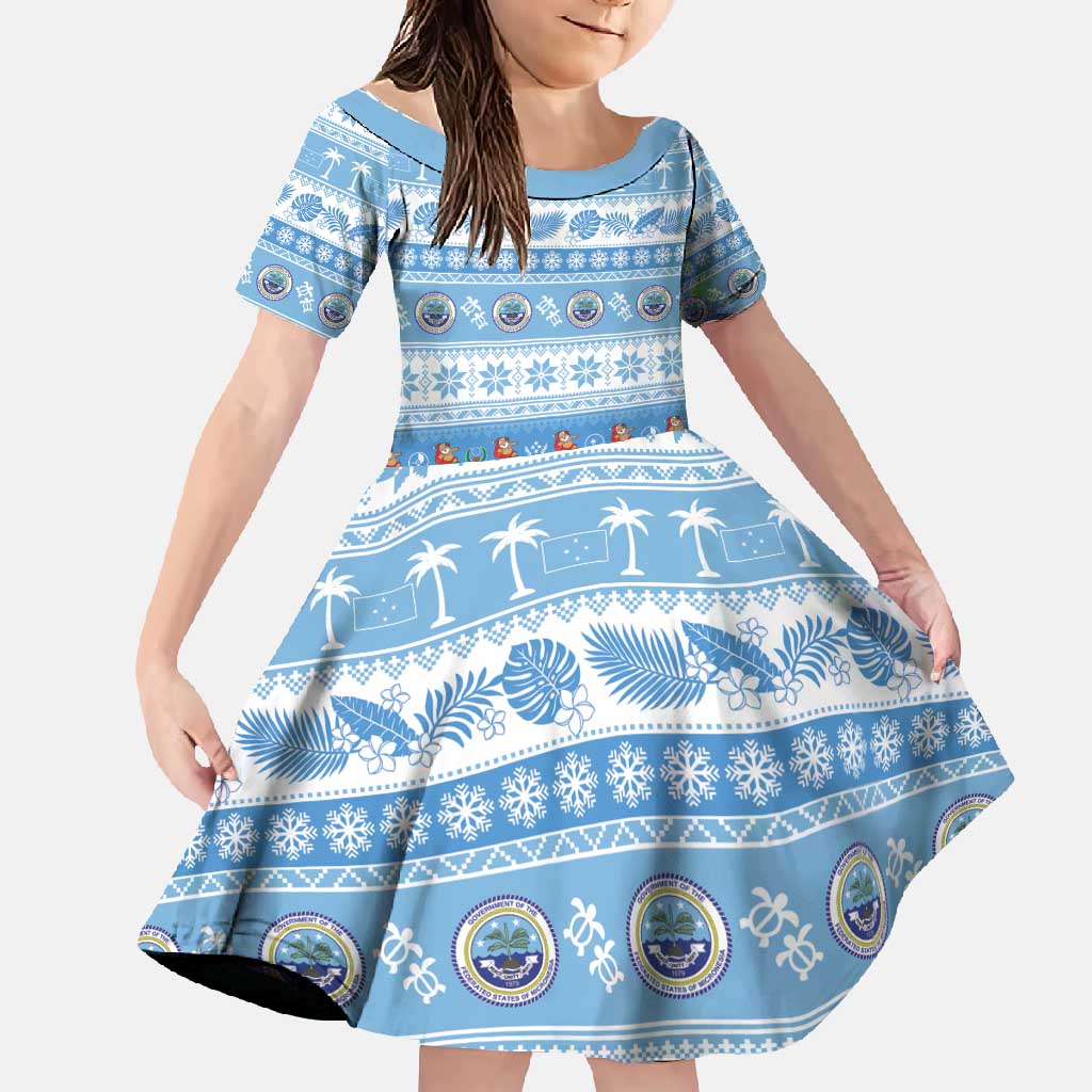 FSM Christmas Family Matching Short Sleeve Bodycon Dress and Hawaiian Shirt Merry Xmas Federated States of Micronesia LT14 Daughter's Dress Blue - Polynesian Pride