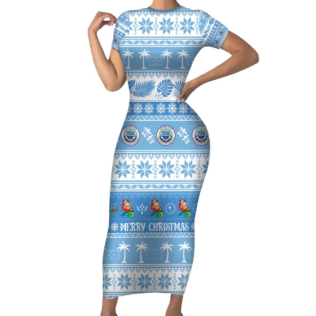 FSM Christmas Family Matching Short Sleeve Bodycon Dress and Hawaiian Shirt Merry Xmas Federated States of Micronesia LT14 Mom's Dress Blue - Polynesian Pride