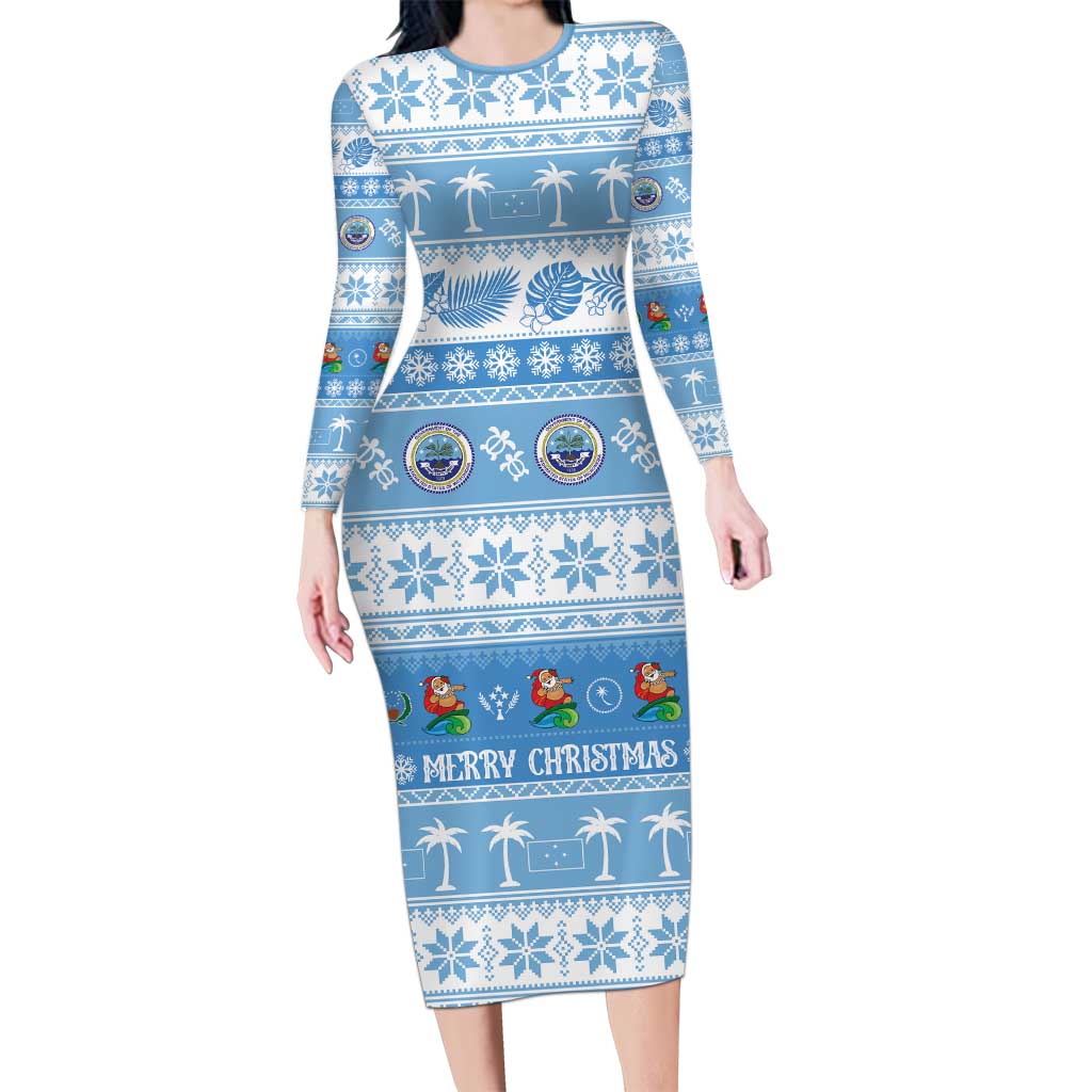 FSM Christmas Long Sleeve Bodycon Dress Merry Xmas Federated States of Micronesia LT14 Long Dress Blue - Polynesian Pride