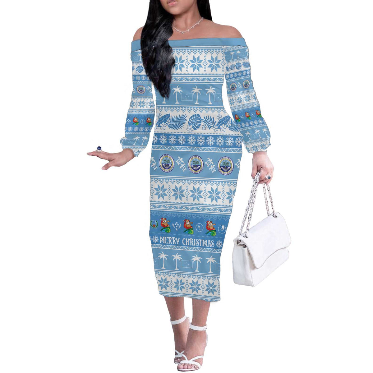FSM Christmas Off The Shoulder Long Sleeve Dress Merry Xmas Federated States of Micronesia LT14 Women Blue - Polynesian Pride