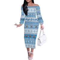 FSM Christmas Off The Shoulder Long Sleeve Dress Merry Xmas Federated States of Micronesia LT14 Women Blue - Polynesian Pride