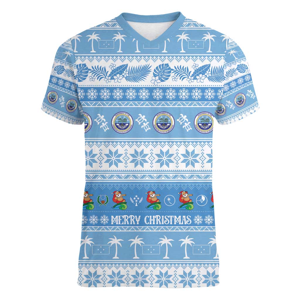FSM Christmas Women V-Neck T-Shirt Merry Xmas Federated States of Micronesia LT14 Female Blue - Polynesian Pride