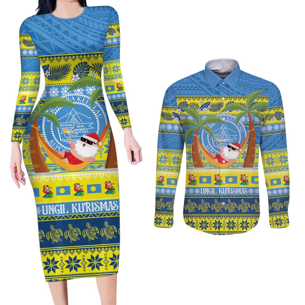 Palau Christmas Couples Matching Long Sleeve Bodycon Dress and Long Sleeve Button Shirt Chilling Santa Ungil Kurismas LT14 Yellow - Polynesian Pride
