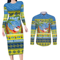 Palau Christmas Couples Matching Long Sleeve Bodycon Dress and Long Sleeve Button Shirt Chilling Santa Ungil Kurismas LT14 Yellow - Polynesian Pride
