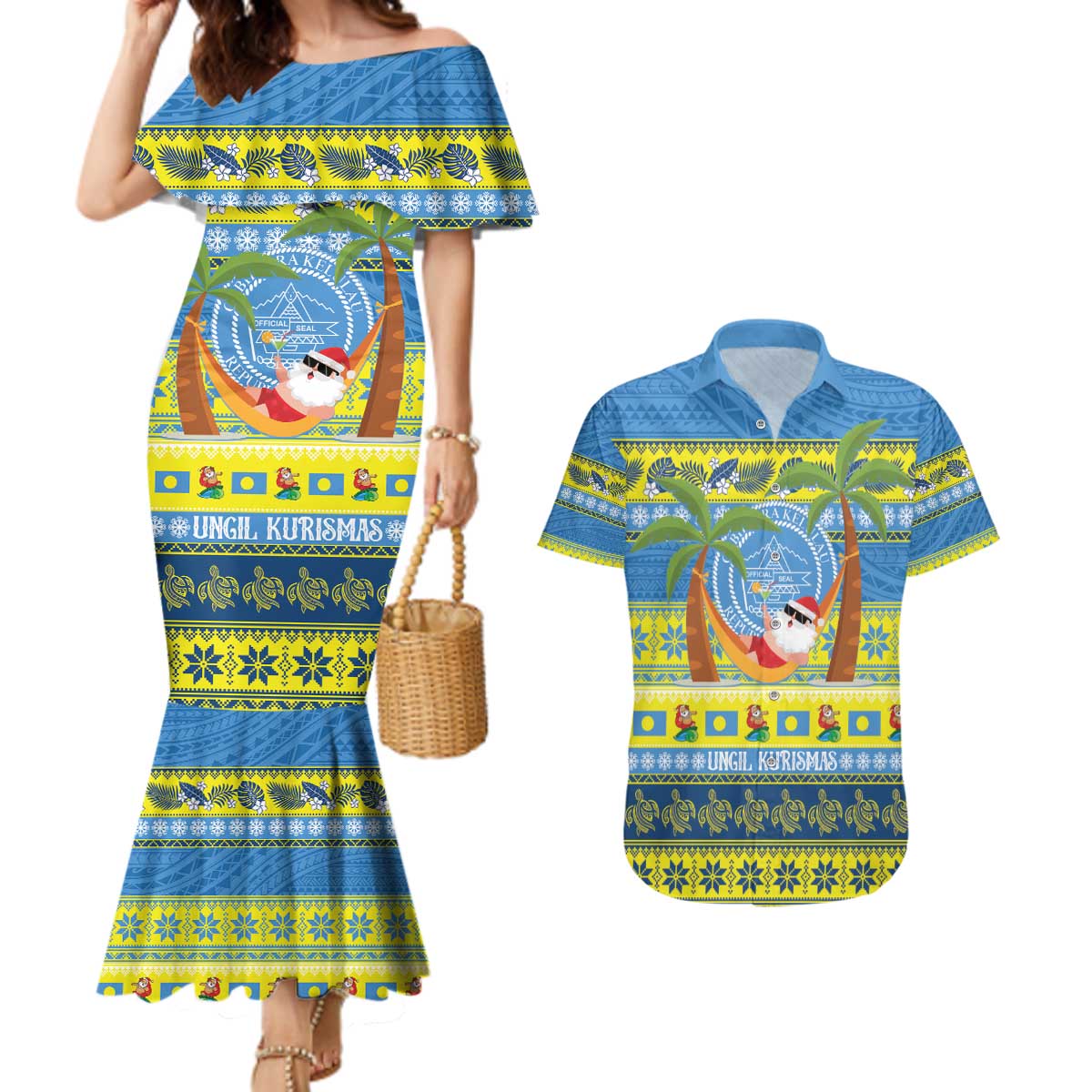 Palau Christmas Couples Matching Mermaid Dress and Hawaiian Shirt Chilling Santa Ungil Kurismas - Polynesian Pride
