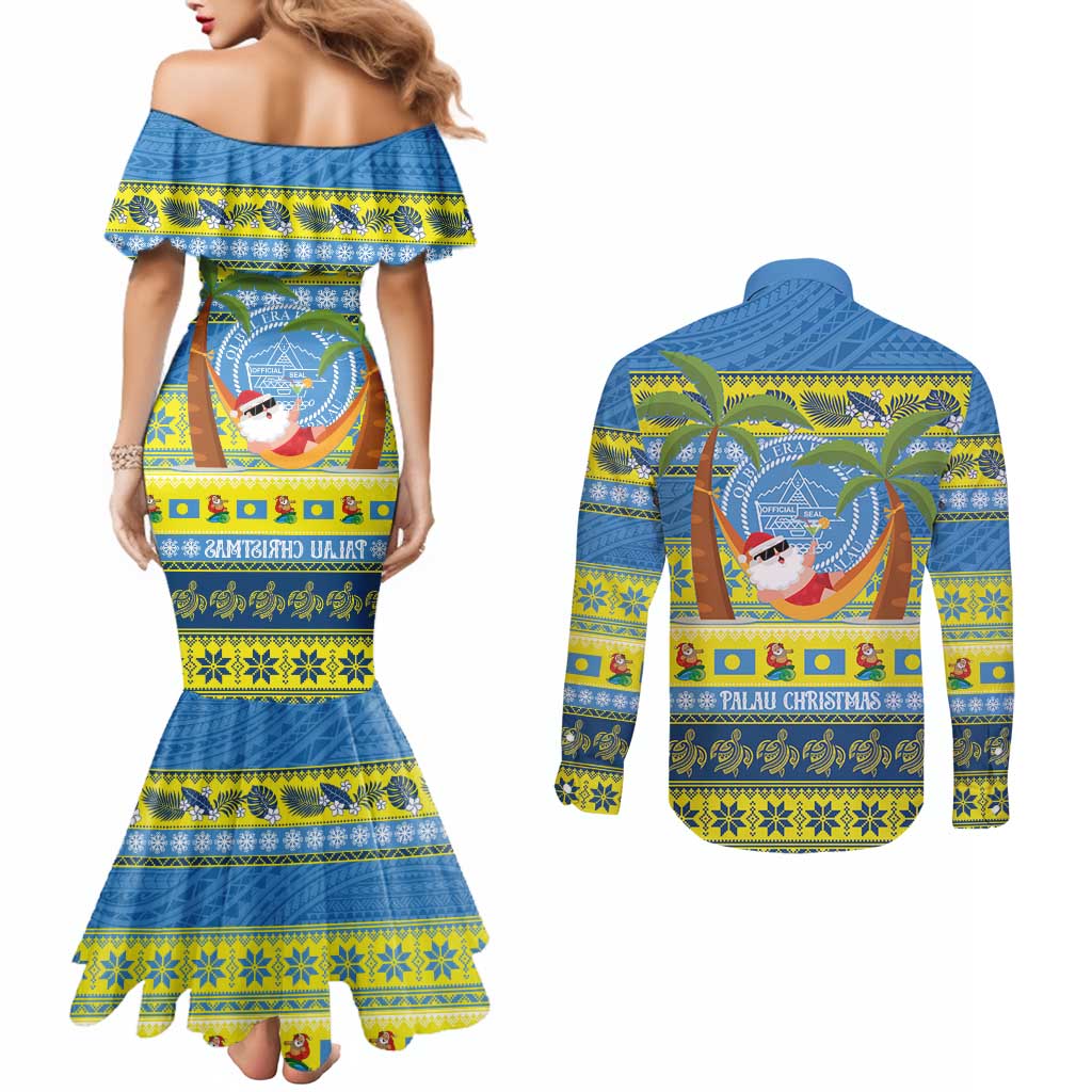 Palau Christmas Couples Matching Mermaid Dress and Long Sleeve Button Shirt Chilling Santa Ungil Kurismas LT14 - Polynesian Pride