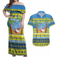 Palau Christmas Couples Matching Off Shoulder Maxi Dress and Hawaiian Shirt Chilling Santa Ungil Kurismas LT14 Yellow - Polynesian Pride