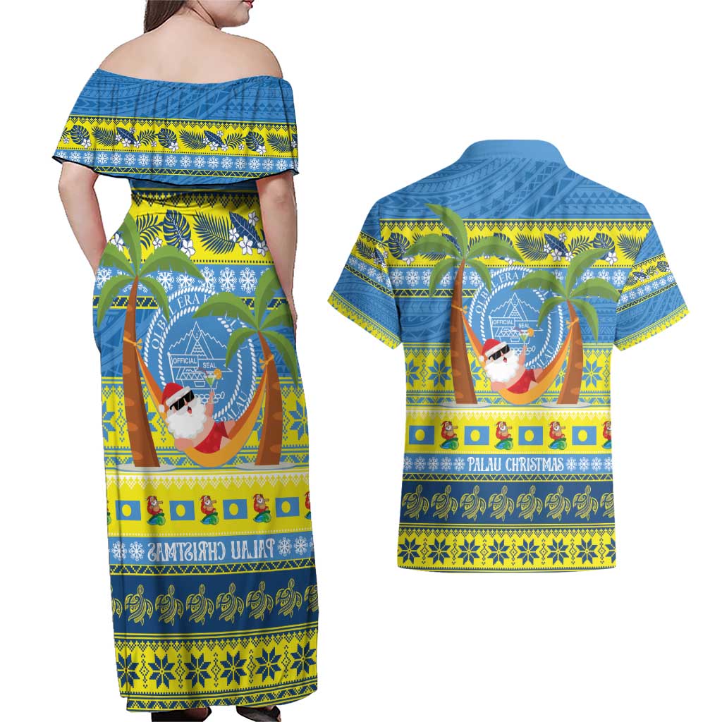 Palau Christmas Couples Matching Off Shoulder Maxi Dress and Hawaiian Shirt Chilling Santa Ungil Kurismas LT14 - Polynesian Pride