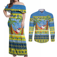 Palau Christmas Couples Matching Off Shoulder Maxi Dress and Long Sleeve Button Shirt Chilling Santa Ungil Kurismas LT14 Yellow - Polynesian Pride