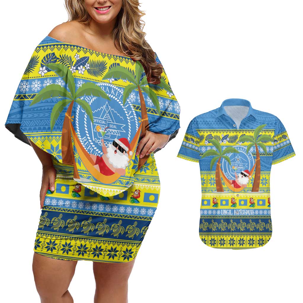 Palau Christmas Couples Matching Off Shoulder Short Dress and Hawaiian Shirt Chilling Santa Ungil Kurismas LT14 Yellow - Polynesian Pride