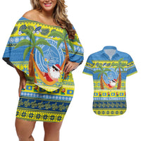 Palau Christmas Couples Matching Off Shoulder Short Dress and Hawaiian Shirt Chilling Santa Ungil Kurismas LT14 Yellow - Polynesian Pride