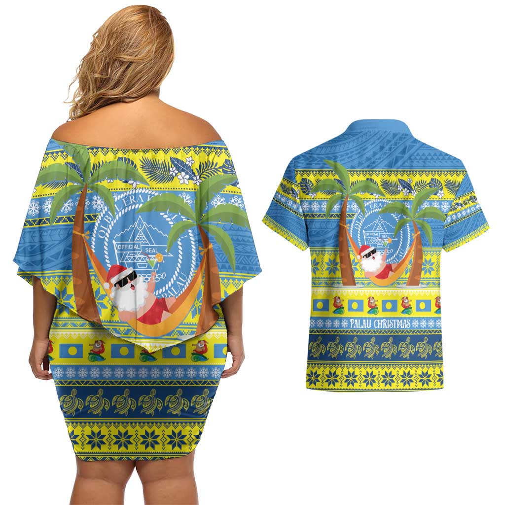 Palau Christmas Couples Matching Off Shoulder Short Dress and Hawaiian Shirt Chilling Santa Ungil Kurismas LT14 - Polynesian Pride