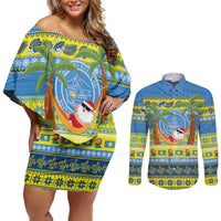 Palau Christmas Couples Matching Off Shoulder Short Dress and Long Sleeve Button Shirt Chilling Santa Ungil Kurismas LT14 Yellow - Polynesian Pride