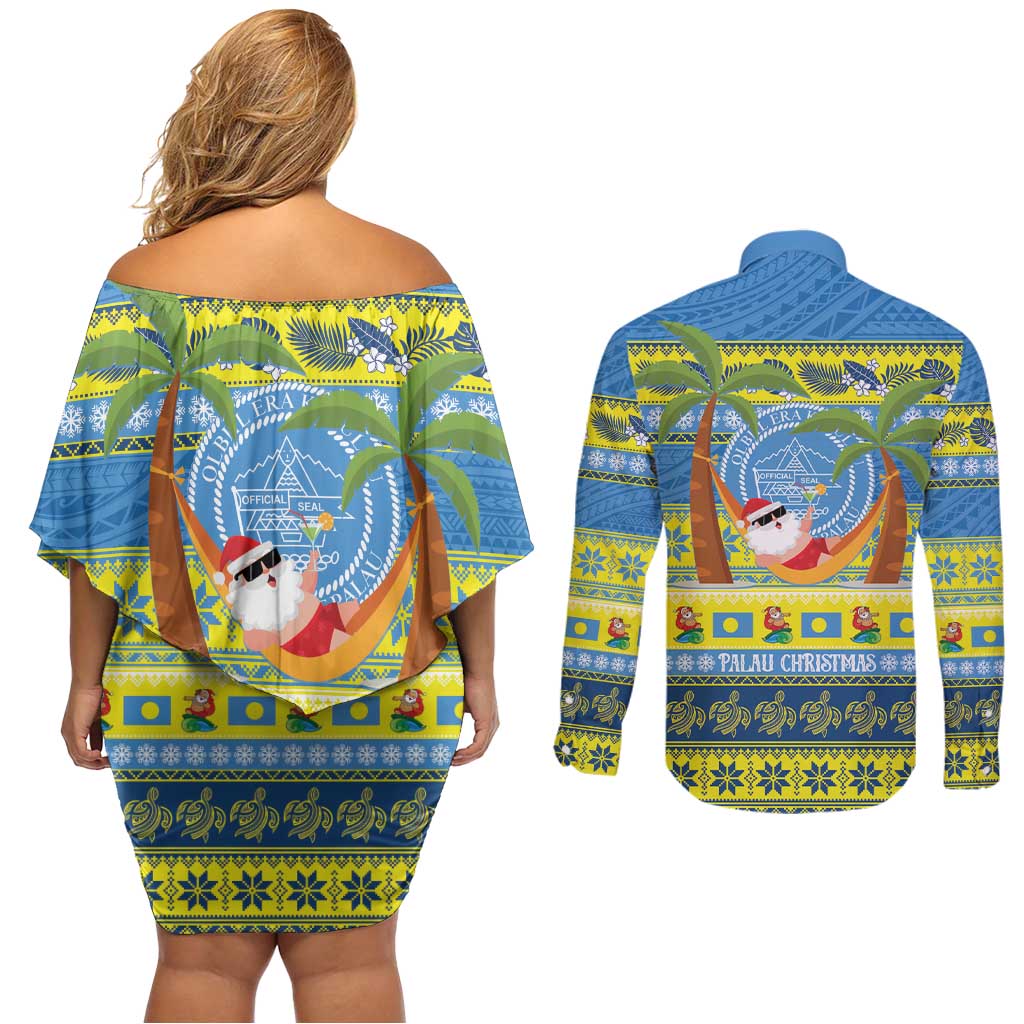 Palau Christmas Couples Matching Off Shoulder Short Dress and Long Sleeve Button Shirt Chilling Santa Ungil Kurismas LT14 - Polynesian Pride