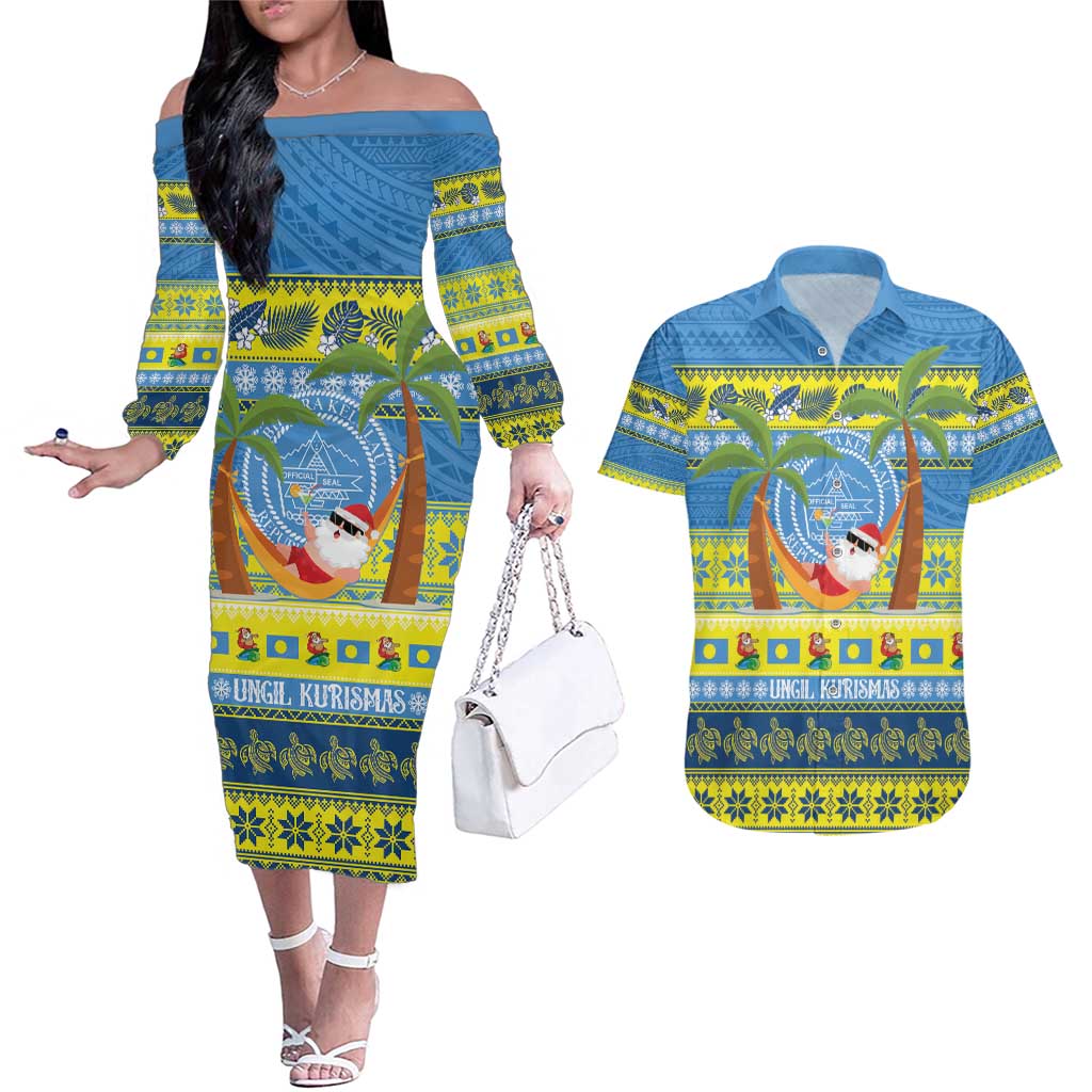 Palau Christmas Couples Matching Off The Shoulder Long Sleeve Dress and Hawaiian Shirt Chilling Santa Ungil Kurismas LT14 Yellow - Polynesian Pride