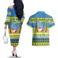 Palau Christmas Couples Matching Off The Shoulder Long Sleeve Dress and Hawaiian Shirt Chilling Santa Ungil Kurismas LT14 - Polynesian Pride