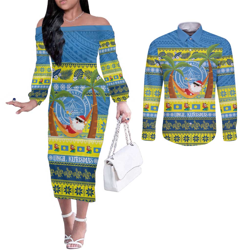 Palau Christmas Couples Matching Off The Shoulder Long Sleeve Dress and Long Sleeve Button Shirt Chilling Santa Ungil Kurismas LT14 Yellow - Polynesian Pride