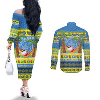 Palau Christmas Couples Matching Off The Shoulder Long Sleeve Dress and Long Sleeve Button Shirt Chilling Santa Ungil Kurismas LT14 - Polynesian Pride