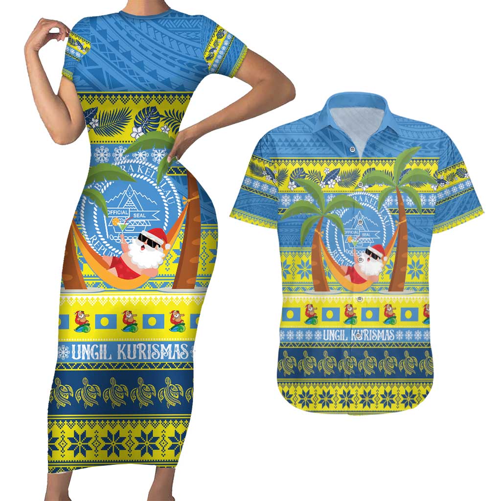 Palau Christmas Couples Matching Short Sleeve Bodycon Dress and Hawaiian Shirt Chilling Santa Ungil Kurismas LT14 Yellow - Polynesian Pride