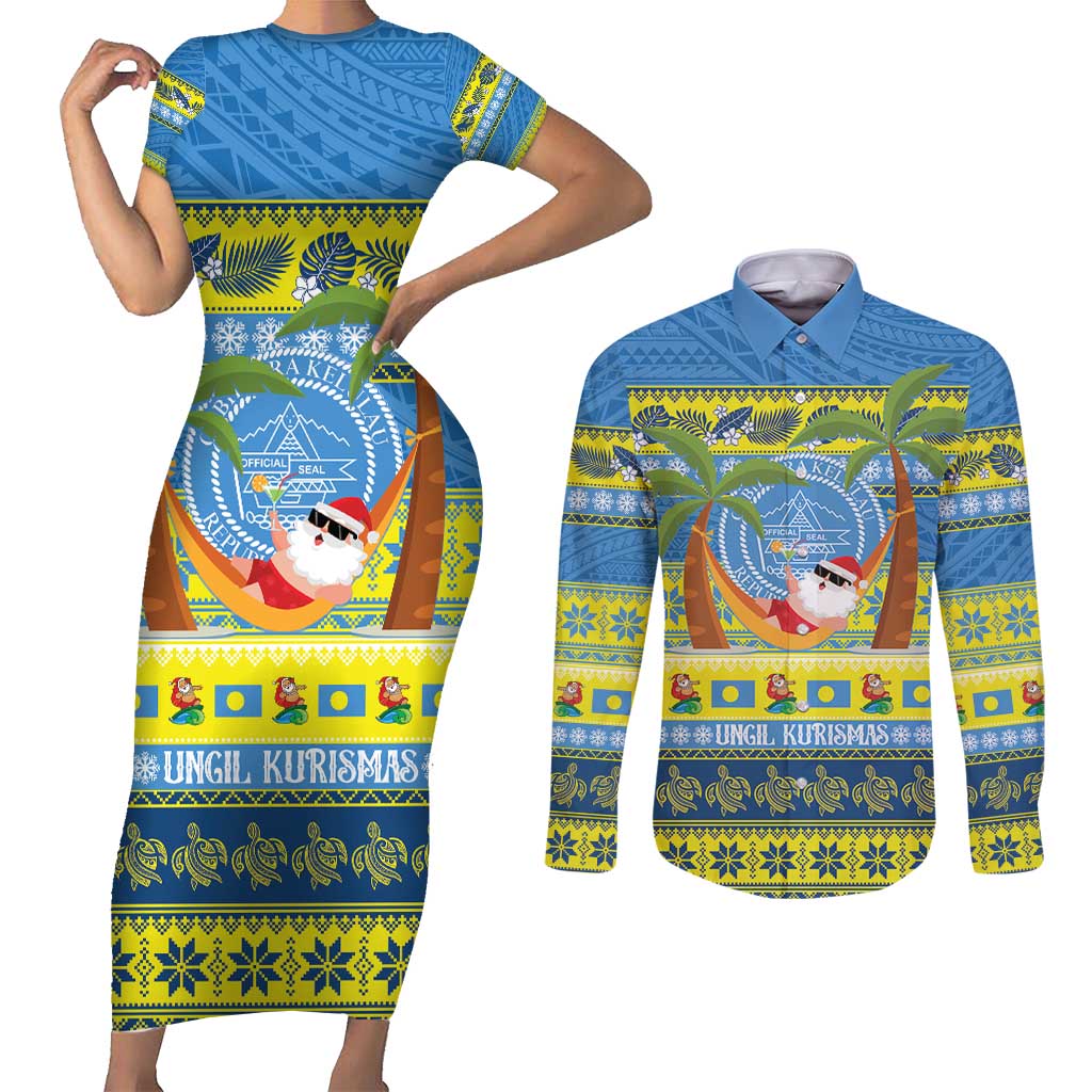 Palau Christmas Couples Matching Short Sleeve Bodycon Dress and Long Sleeve Button Shirt Chilling Santa Ungil Kurismas LT14 Yellow - Polynesian Pride