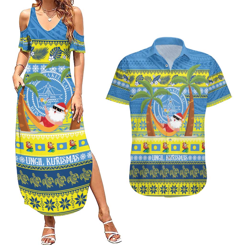 Palau Christmas Couples Matching Summer Maxi Dress and Hawaiian Shirt Chilling Santa Ungil Kurismas LT14 Yellow - Polynesian Pride