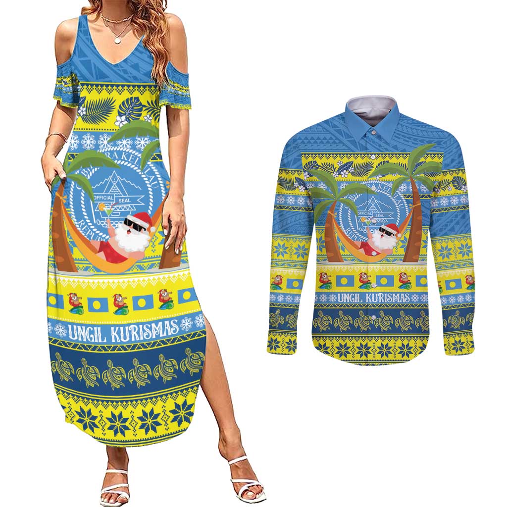 Palau Christmas Couples Matching Summer Maxi Dress and Long Sleeve Button Shirt Chilling Santa Ungil Kurismas LT14 Yellow - Polynesian Pride