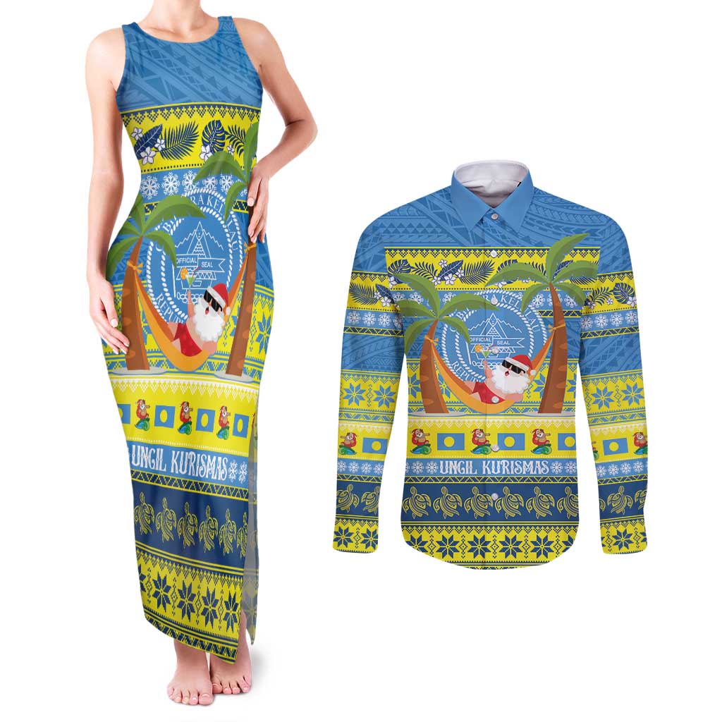 Palau Christmas Couples Matching Tank Maxi Dress and Long Sleeve Button Shirt Chilling Santa Ungil Kurismas LT14 Yellow - Polynesian Pride