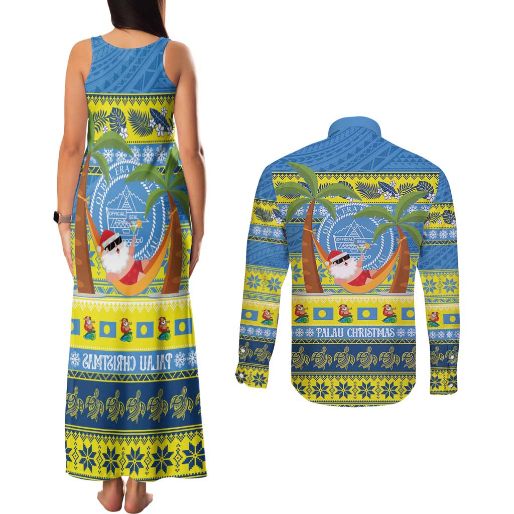 Palau Christmas Couples Matching Tank Maxi Dress and Long Sleeve Button Shirt Chilling Santa Ungil Kurismas LT14 - Polynesian Pride