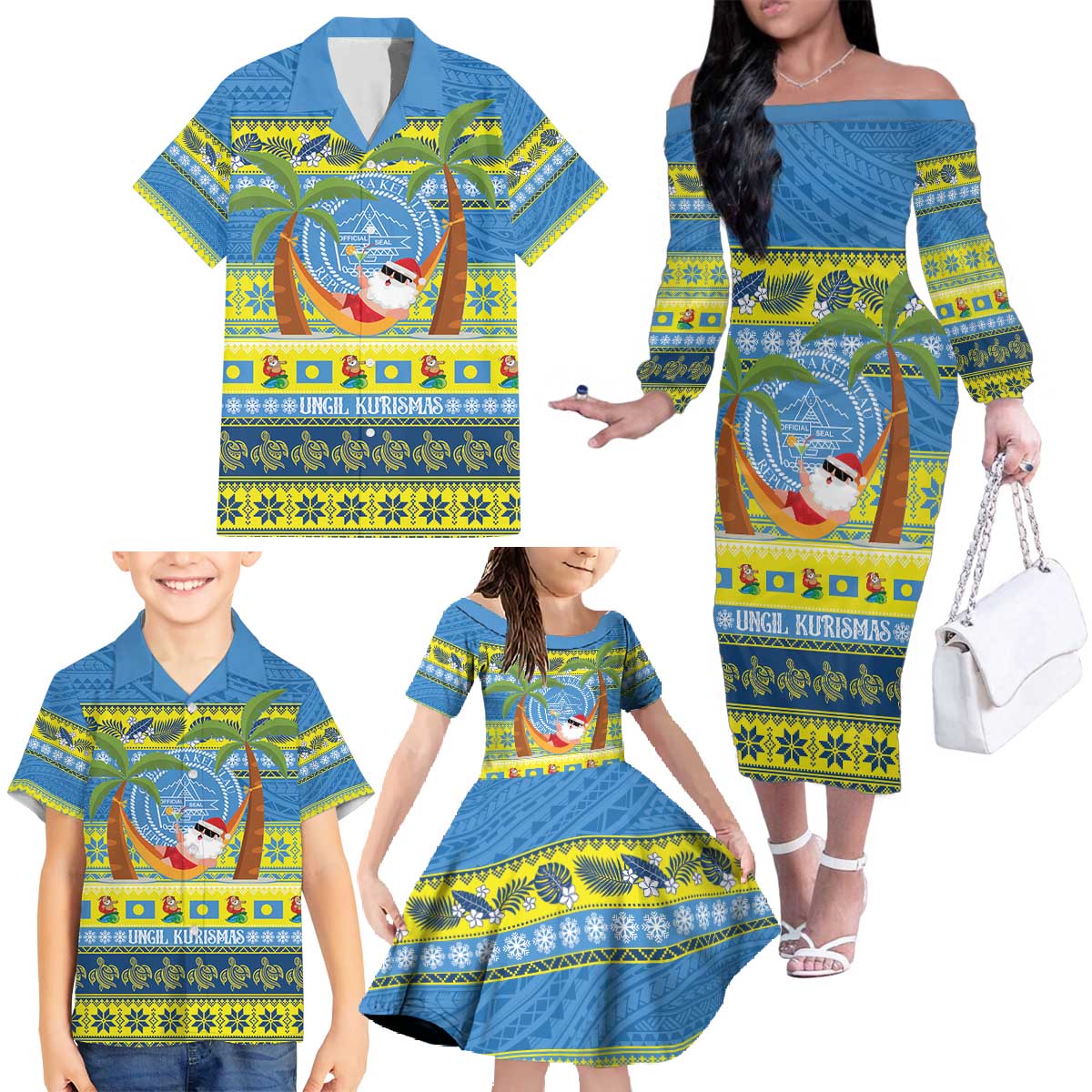 Palau Christmas Family Matching Off The Shoulder Long Sleeve Dress and Hawaiian Shirt Chilling Santa Ungil Kurismas LT14 - Polynesian Pride