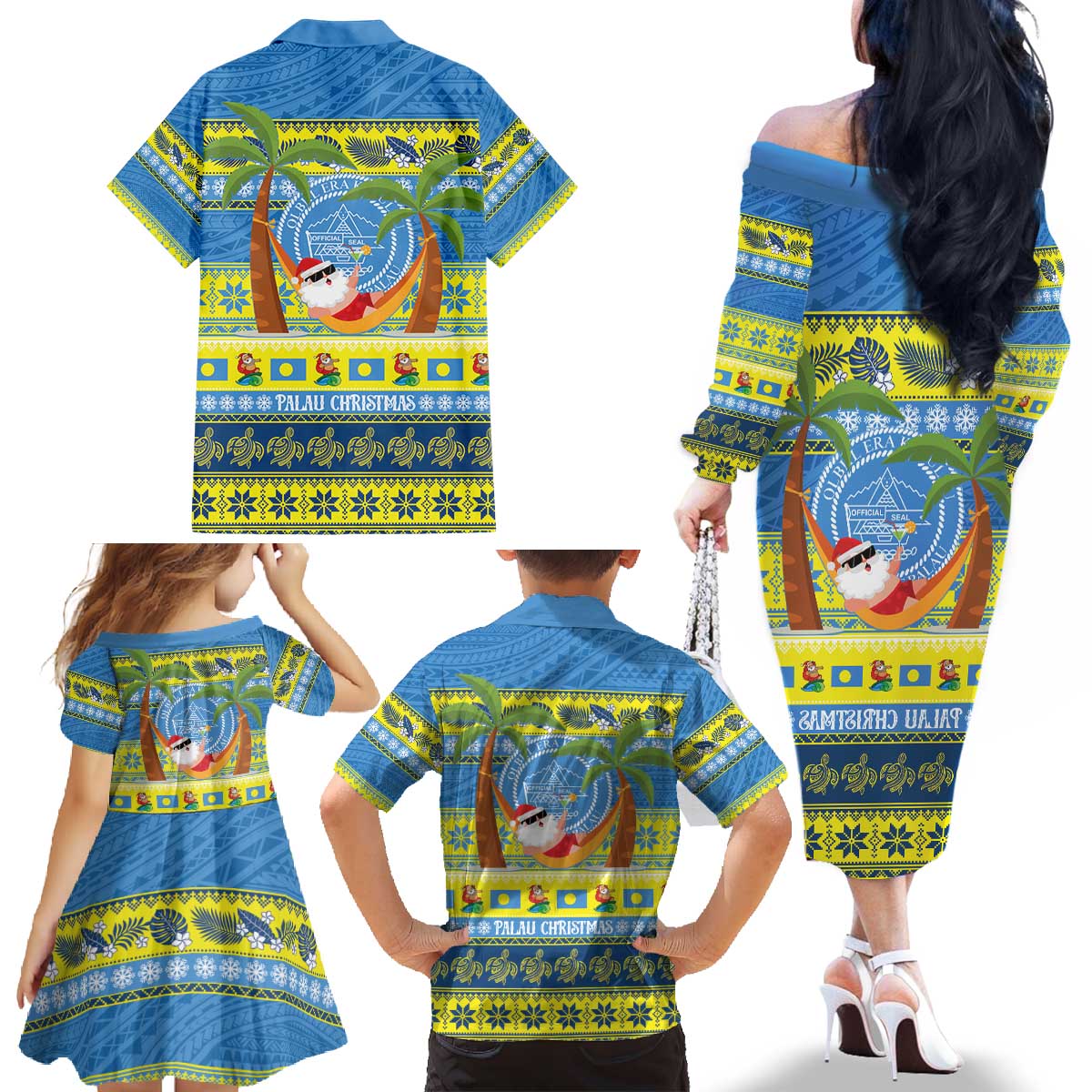Palau Christmas Family Matching Off The Shoulder Long Sleeve Dress and Hawaiian Shirt Chilling Santa Ungil Kurismas LT14 - Polynesian Pride