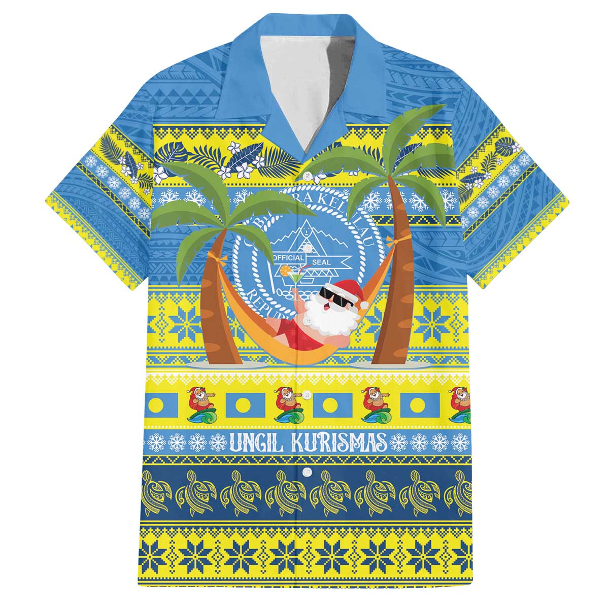 Palau Christmas Family Matching Off The Shoulder Long Sleeve Dress and Hawaiian Shirt Chilling Santa Ungil Kurismas LT14 Dad's Shirt - Short Sleeve Yellow - Polynesian Pride