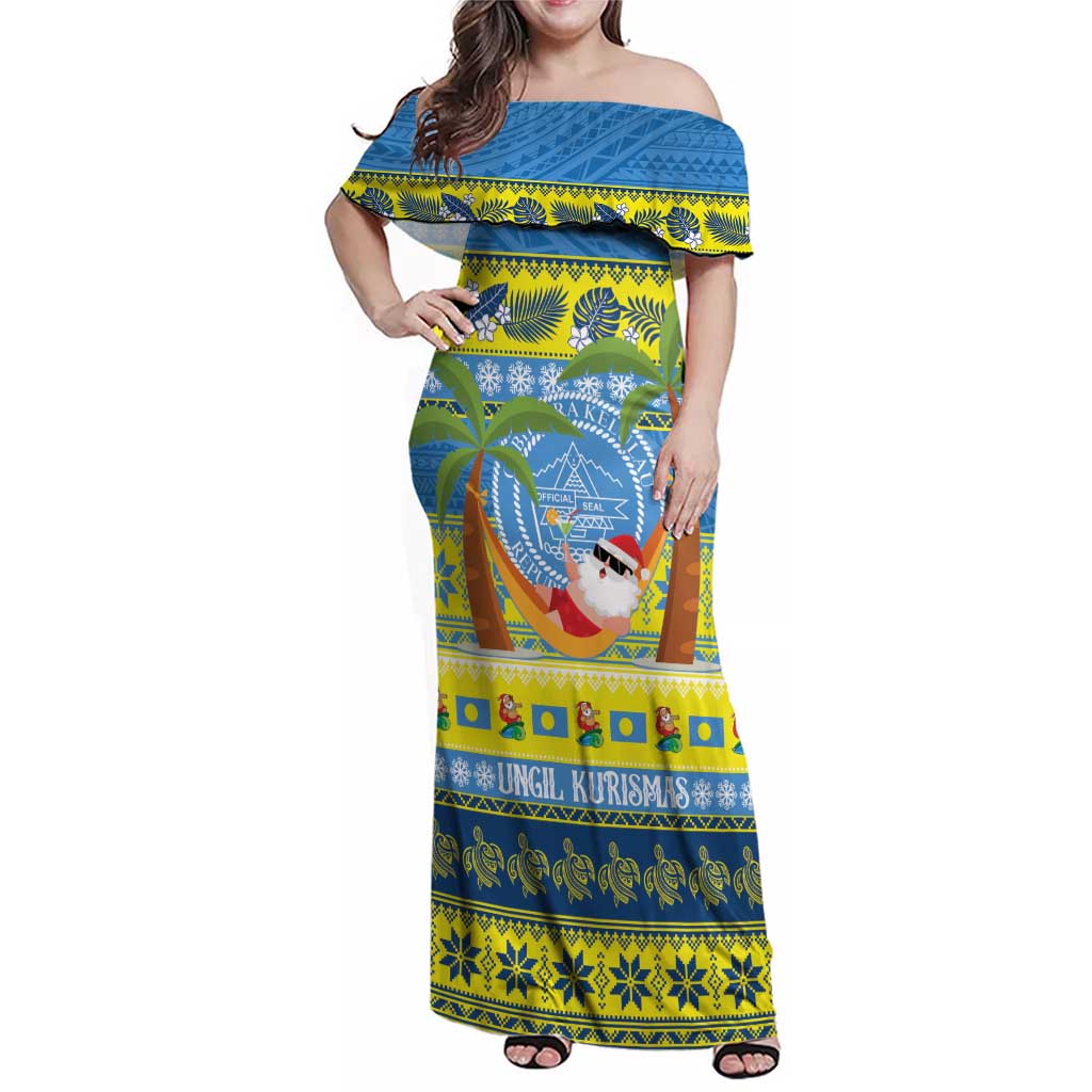 Palau Christmas Family Matching Off Shoulder Maxi Dress and Hawaiian Shirt Chilling Santa Ungil Kurismas LT14 Mom's Dress Yellow - Polynesian Pride