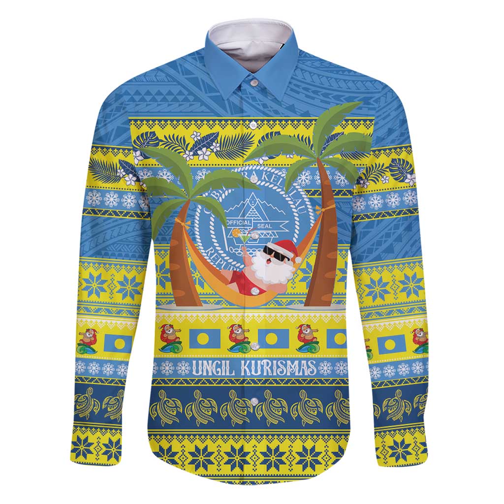 Palau Christmas Family Matching Puletasi and Hawaiian Shirt Chilling Santa Ungil Kurismas LT14 Dad's Shirt - Long Sleeve Yellow - Polynesian Pride