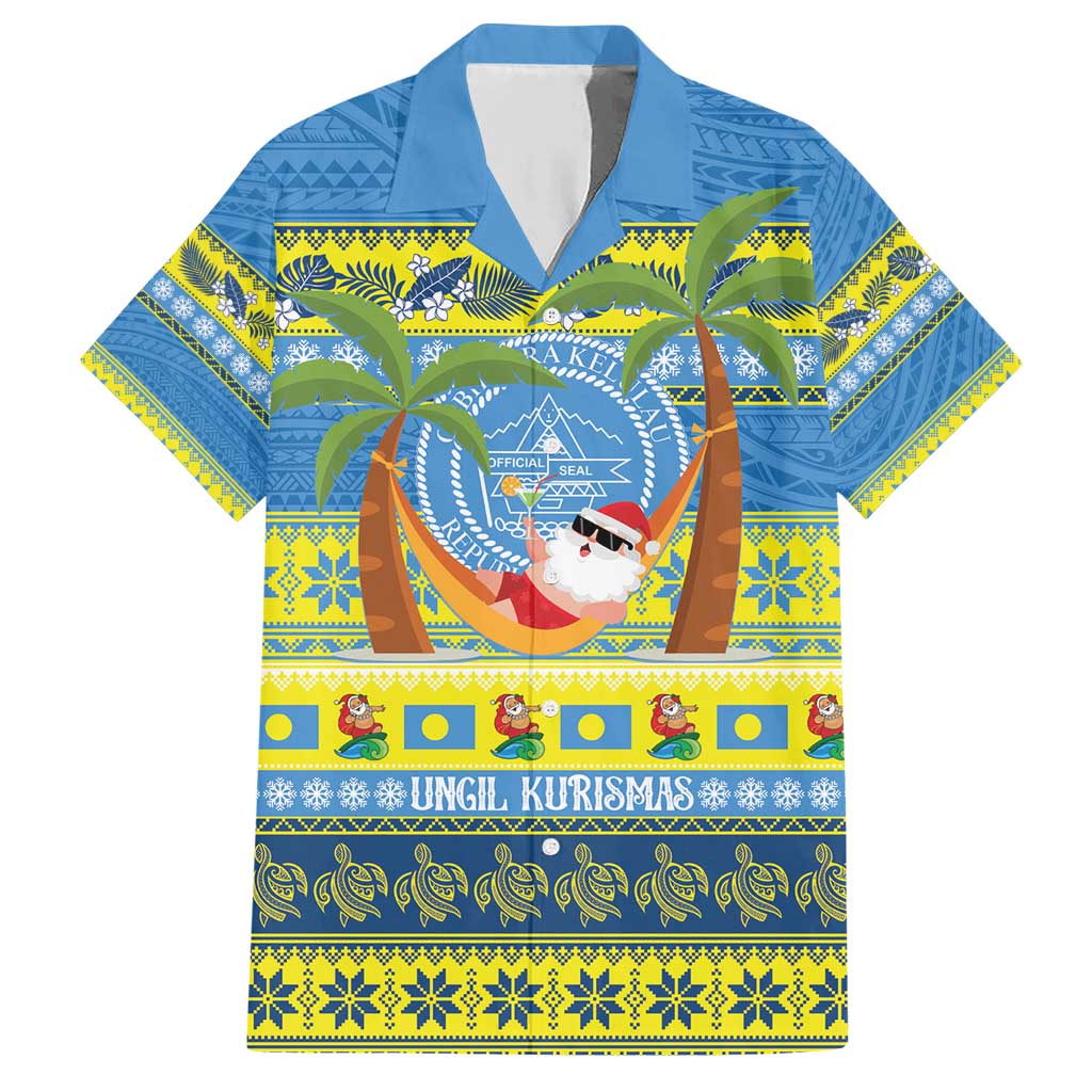 Palau Christmas Family Matching Short Sleeve Bodycon Dress and Hawaiian Shirt Chilling Santa Ungil Kurismas LT14 Dad's Shirt - Short Sleeve Yellow - Polynesian Pride