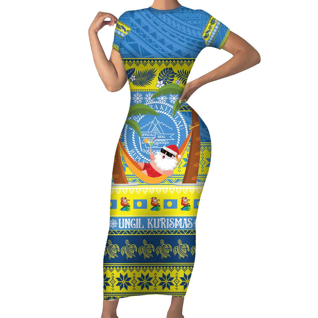 Palau Christmas Family Matching Short Sleeve Bodycon Dress and Hawaiian Shirt Chilling Santa Ungil Kurismas LT14 Mom's Dress Yellow - Polynesian Pride