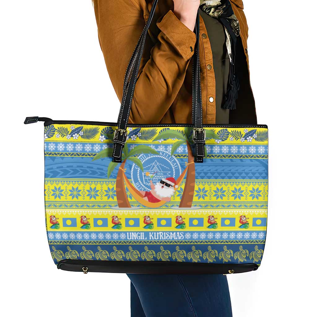 Palau Christmas Leather Tote Bag Chilling Santa Ungil Kurismas - Polynesian Pride