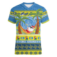 Palau Christmas Women V-Neck T-Shirt Chilling Santa Ungil Kurismas LT14 Female Yellow - Polynesian Pride