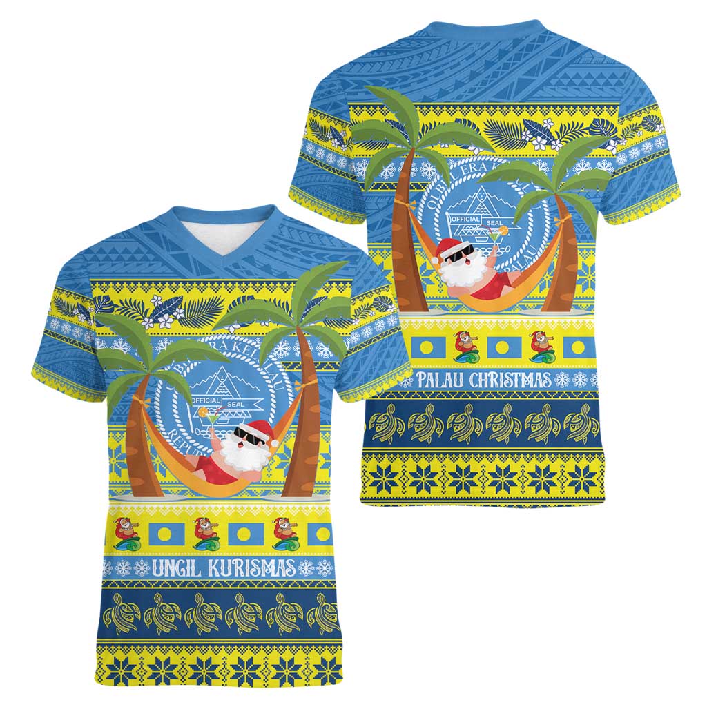 Palau Christmas Women V-Neck T-Shirt Chilling Santa Ungil Kurismas LT14 - Polynesian Pride