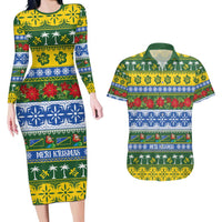 Solomon Islands Christmas Couples Matching Long Sleeve Bodycon Dress and Hawaiian Shirt The Solomons Melanesian Meri Krismas LT14 Green - Polynesian Pride