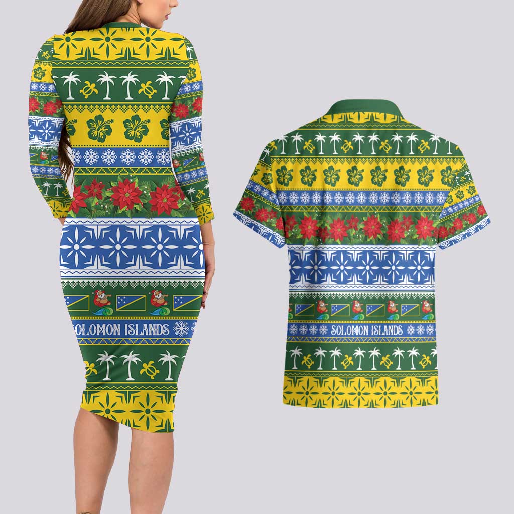 Solomon Islands Christmas Couples Matching Long Sleeve Bodycon Dress and Hawaiian Shirt The Solomons Melanesian Meri Krismas LT14 - Polynesian Pride