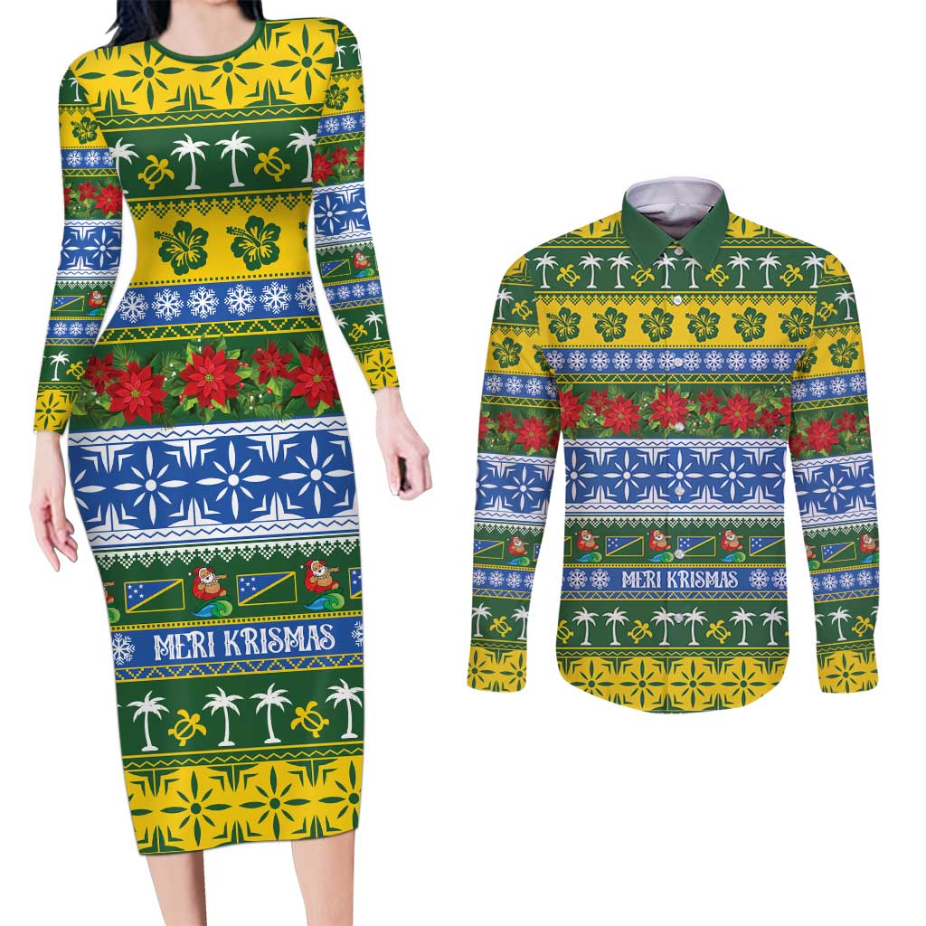 Solomon Islands Christmas Couples Matching Long Sleeve Bodycon Dress and Long Sleeve Button Shirt The Solomons Melanesian Meri Krismas LT14 Green - Polynesian Pride