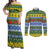Solomon Islands Christmas Couples Matching Off Shoulder Maxi Dress and Long Sleeve Button Shirt The Solomons Melanesian Meri Krismas LT14 Green - Polynesian Pride